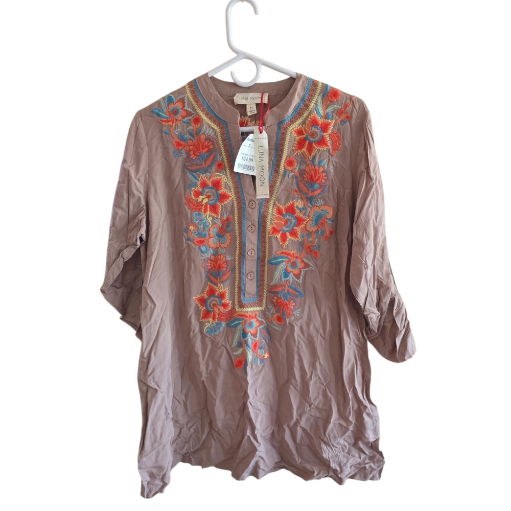Luna Moon Taupe Tunic with Colorful Embroidery